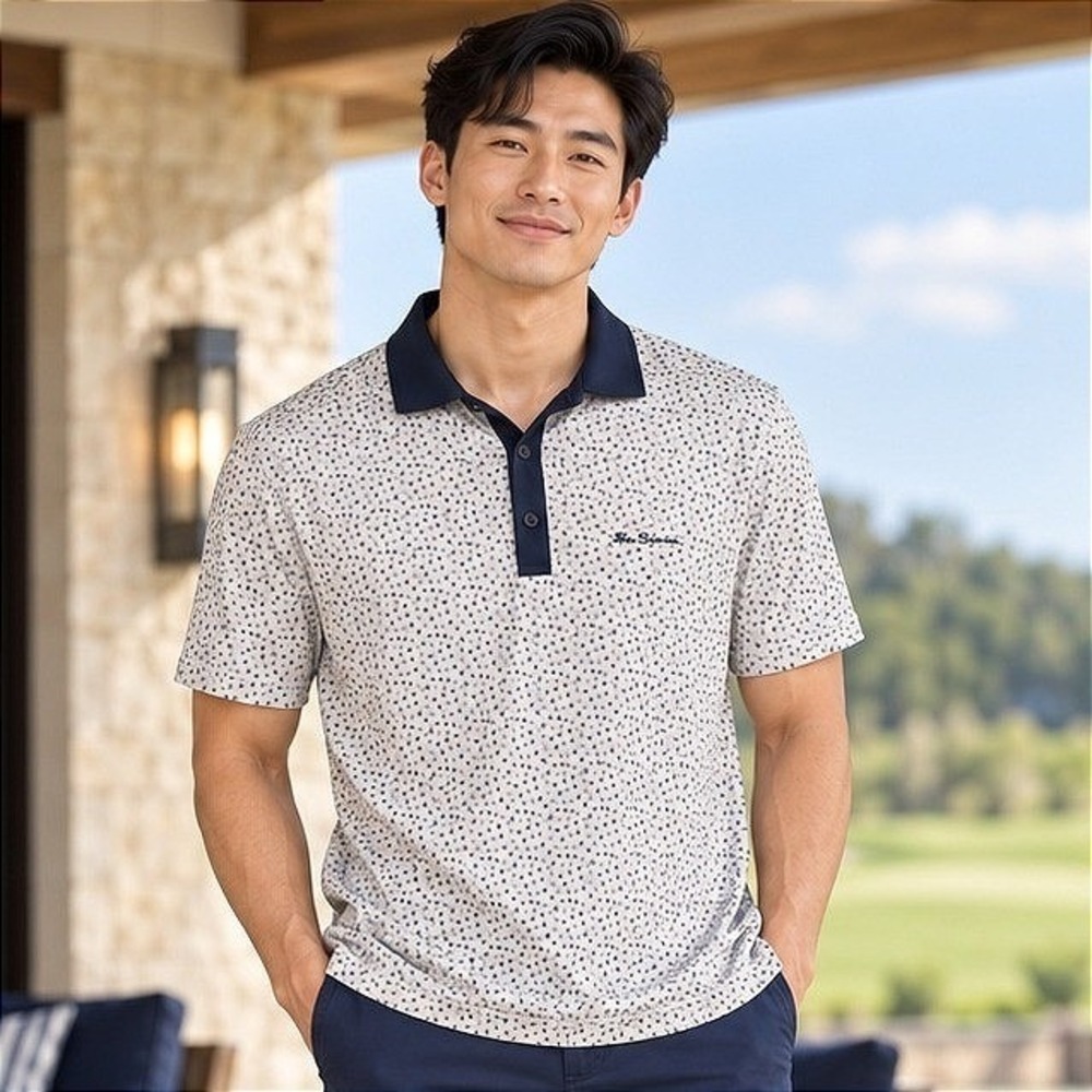Ben Sherman Sport Mens White Navy Blue Polka Dot Stretch Golf Polo Shirt Large